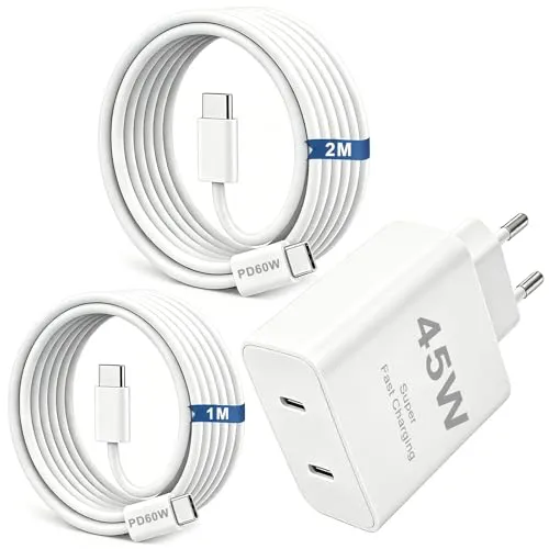 Rantuia 45W USB-C Schnellladegerät PD 3.0 PPS, EU Stecker Ladeadapter mit 1M & 2M USB-C Ladekabeln, Kompaktes Reise Ladegerät für iPhone 16/15, Samsung S24/S23, iPad Pro, MacBook, Weiß