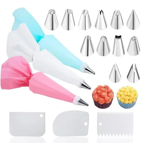 Spritzbeutel mit Tüllen 21 Stück, Spritztüllen Set, Torten Zubehör mit Spritztüllen Edelstahl, Silikon Spritzbeutel für Cupcakes, Torten Dekorieren, Kuchen