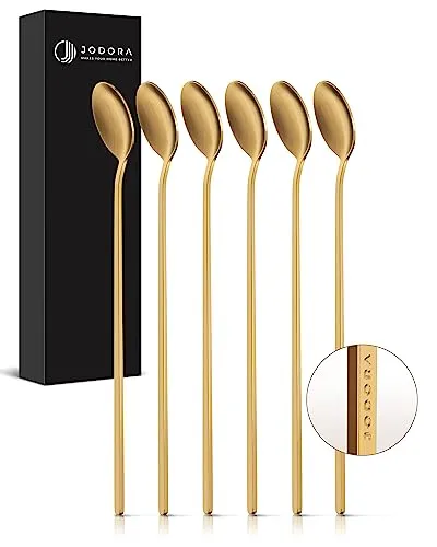 JODORA Design Latte Macchiato Löffel gold matt - 6 stabile Eislöffel lang 19cm - Hochwertige Marmeladenlöffel aus rostfreien 304 Edelstahl - lang Latte Macchiato Löffel spülmaschinenfest
