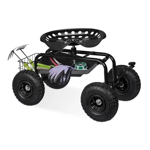 Relaxdays Rollsitz: Fahrbarer Gartensitz mit Stauraum - Camping-Möbel für bequeme Gartenarbeit im Sitzen. Höhenverstellbar und mit Stauraum für Werkzeuge, sorgt dieser robuste Gartensitz für Rücken- und Knieschonung.