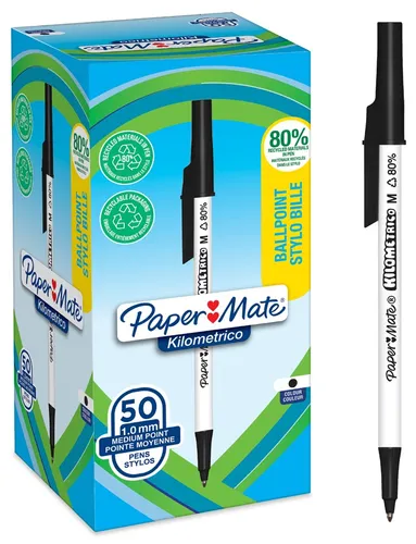PAPER MATE Kilometrico Kugelschreiber - lange Schreibdauer, 80% recyceltes Plastik, ultraglatte Schreiberfahrung, 50 Stück in plastikfreier Verpackung