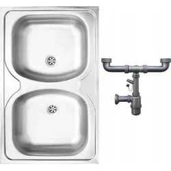 Stahlspüle 2 Becken 80x50 cm - Auflage, satiniert mit Apollo Siphon - Waschbecken: Doppelwaschbecken mit zwei Becken, ideal für effizientes Arbeiten in der Küche, elegante satinierte Oberfläche.