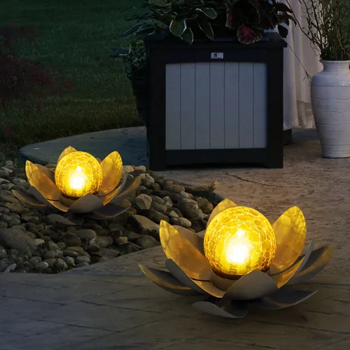 2er Set LED Solar Außen Lampen - Lotus Blumen Garten Beleuchtung - Lampen im Seerosen Design, 25 cm Durchmesser, mit Crackle-Optik für zauberhafte Lichteffekte. Integrierte Solarzellen ermöglichen bis zu 8 Stunden Licht und sind ideal für stilvolle Gartenakzente.
