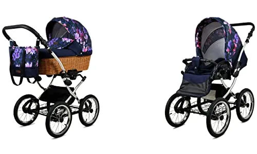 BabyLux ALU 2in1 Kinderwagen für Kleinkinder – Kinderwagen für Neugeborene und Kleinkinder – Baby Neugeborenen Kinderwagen – 59x105x125cm – Max. 15kg – Royal Magnolia Silver Frame