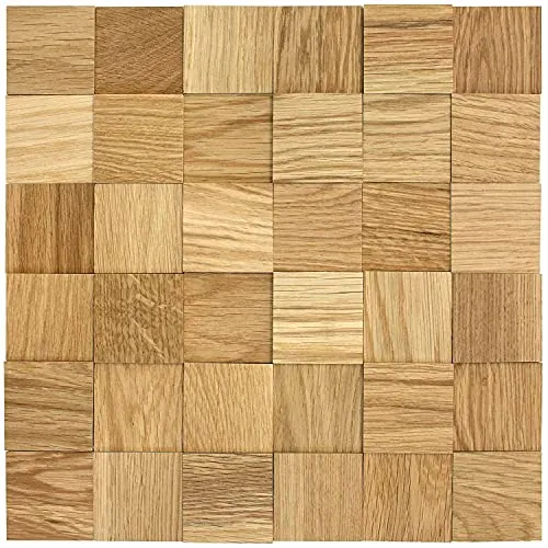 wodewa Holzmosaik Eiche geölt Vollholz selbstklebend 3D I Wandverkleidung 50x50mm (Matte 300x300mm) I Holzquadrate Wand Wohnzimmer Schlafzimmer I Wandpaneele Made in Germany I Holzwand Deko innen 50
