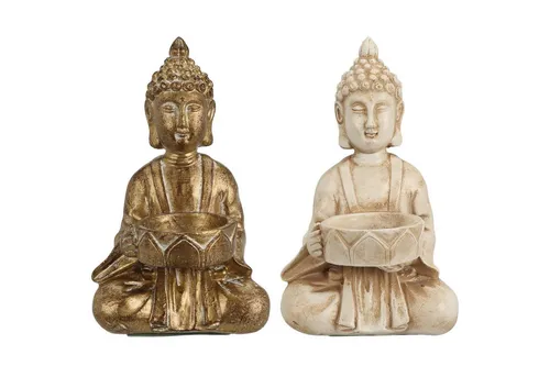 HAC24 Teelichthalter Buddha Figur Teelicht Halter (2 St), Höhe 14 cm aus Harz Gold und Weiß