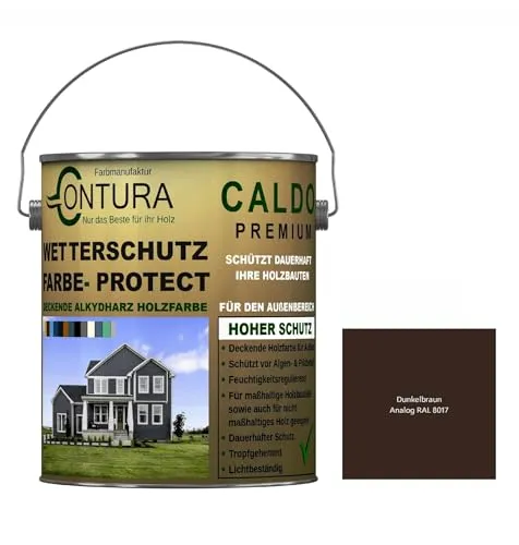 Contura Wetterschutzfarbe 2,5 Liter Holz Dauerschutzfarbe Deckend Buntlack Holzfarbe Holzlasur Seidenmatt (Dunkelbraun - RAL 8017 Analog)