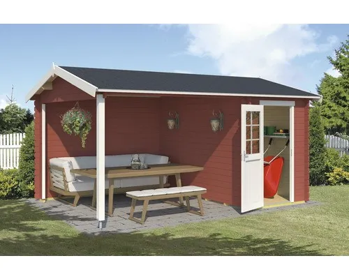 Gartenhaus Outdoor Life Wibo mit Fußboden und Überdachung - Geräumiges Gartenhaus mit Satteldach, aus robustem Holz, ideal für Gartenlagerung und Freizeitgestaltung. Maße: 465 x 337,8 cm.