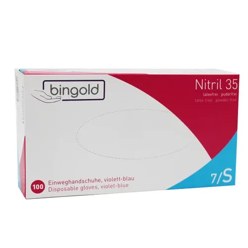 Nitrilhandschuhe Bingold Nitril 35 violettblau S virendicht, puderfrei, unsteril, latexfrei, 100 Stück/Box 602100