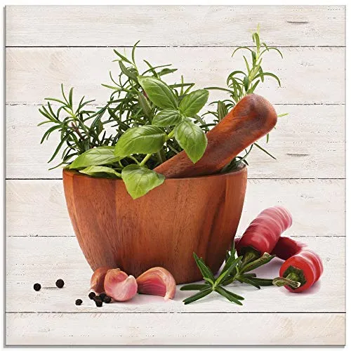 ARTland Wanddeko Glasbilder Wandbild Glas Bild einteilig Quadratisch Stillleben Kräuter Gewürze Chili Mörser Holzoptik Landhaus T5OA