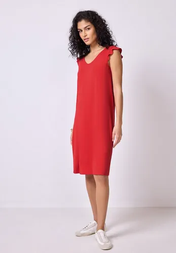 Jerseykleid STREET ONE STUDIO, Damen, Gr. 44, EURO-Größen, rot (mandarin rot), Jersey, 95% Viskose, 5% Elasthan, unifarben, regular fit knieumspielend, V-Ausschnitt, Rüschen, Kleider Jerseykleid, knielang