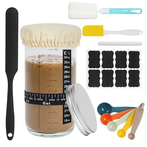 Sauerteig-Starterglas, Sauerteig Starter Set, Sauerteig Glas, Brot Backen Zubehör, Wiederverwendbares Fermentationsglas mit Aluminiumdeckel, Gärtuch, Temperaturband, Etikett, Silikonspatel(1000ML)
