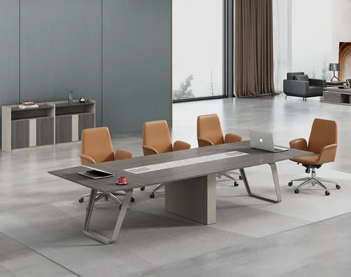 Eleganter grauer Konferenztisch 280x130 cm - Moderner Konferenztisch mit Kabelauslass, ideal für Meetings. Maße: 280 x 130 x 75 cm. Perfekt für eine stilvolle Büroumgebung.