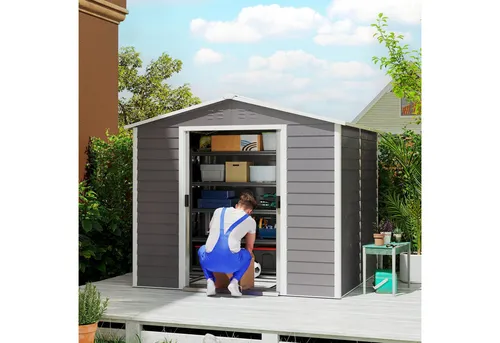 Outsunny Gerätehaus 4,4 m² - Wetterfestes Gartenschuppen mit Schiebetür - Effiziente Montage: Dank der innovativen horizontalen Wandpaneele sparen Sie Zeit. Stabiler, wetterfester Stahlrahmen für ganzjährigen Einsatz im Freien. Ideal für kompakte Gärten, schützt Ihre Werkzeuge zuverlässig.