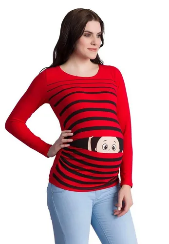 Witziges Langarm-T-Shirt für Schwangere - Schwangerschaftsgeschenk (Rot, Large) - Stylisches T-Shirt mit seitlichen Raffungen, ideal für werdende Mütter. Modisch und bequem für jede Gelegenheit.