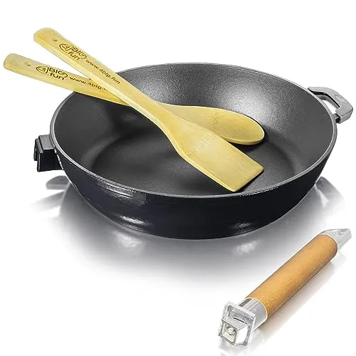Gusseisen Bratpfanne 24cm von 4big.fun - Tiefbratpfanne aus Gusseisen mit abnehmbarem Holzgriff, geeignet für alle Herdarten inklusive Induktion. Hohe Kratzfestigkeit und langlebig, keine Schadstoffe beim Erhitzen.