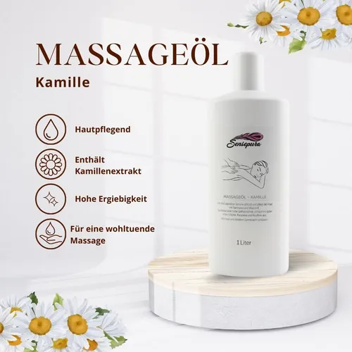 Massageöl Kamille 1 Liter – Ergiebig und Gleitfähig - Hochwertiges Massageöl mit Kamille für ein entspannendes Erlebnis. Ideal für die Hautpflege. Ergiebig und perfekt für den täglichen Einsatz.