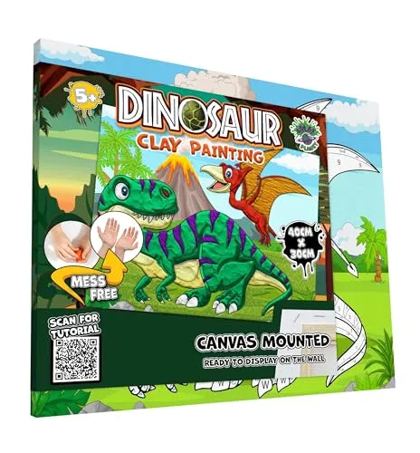 Splat Planet Klecksfreies Dinosaurier-Knetset, lufttrocknendes Knetmodellierset, sensorisches 3D-Leinwand-Bastelset für Kinder, vorgerahmt 40 x 30 cm