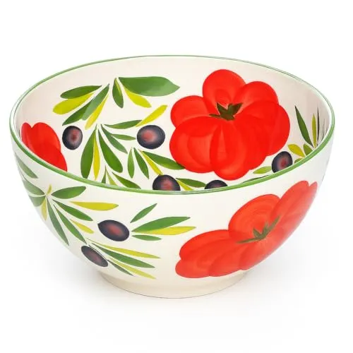 Lashuma Servierschale rund 26 cm - Italienische Keramik Schüssel mit Tomate-Olive-Motiv - Salatschüsseln für den mediterranen Genuss! Handgefertigte Keramikschüssel mit fruchtigem Design, ideal für Obst, Pasta oder Salat. Perfekt als Geschenk für Hobbyköche!