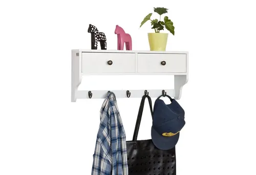 SoBuy Wandgarderobe FRG178, Schweberegal für Wohnzimmer, Schlafzimmer, Küche, Wandschrank Wandregal Hängeregal mit 2 Schubladen und 5 Hake