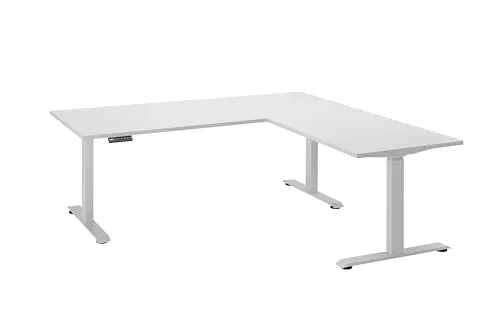 Eckschreibtisch Ben - Höhenverstellbar bis 117cm, Weiß - Computertisch mit ergonomisch höhenverstellbarem Gestell für eine gesunde Arbeitsweise. Die elegante, pflegeleichte Oberfläche und großzügige Maße bieten Komfort und Stil für Ihr Home Office.