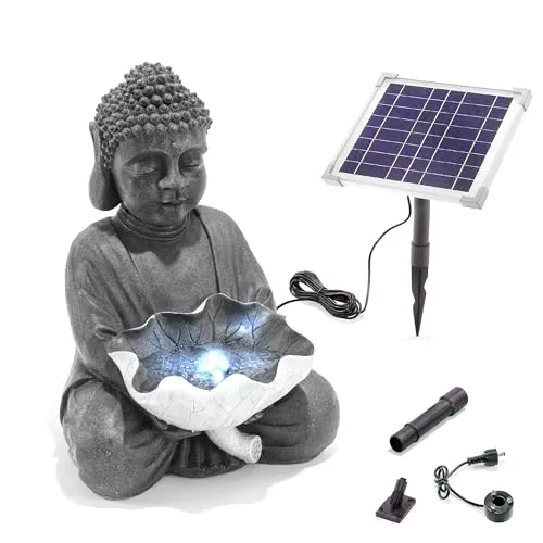 esotec Solarbrunnen Buddha mit Lotusblatt – Komplettset H=42cm - Wetterfester Gartenbrunnen mit LED-Licht und Solarbetrieb, ideal für die Outdoor-Dekoration. Genießen Sie entspannendes Wasserplätschern in Ihrem Garten.