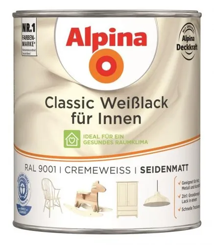 Alpina Classic Weißlack für Innen Creme seidenmatt 750 ml - Farben & Lacke, hochdeckender Weißlack für brillante Farbergebnisse auf Holz, Metall und Kunststoff, ideal für kreative Neu- und Renovierungsprojekte.