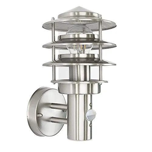 max K O M F O R T Außenwandenleuchte mit Bewegungsmelder - Edelstahl und Glas Wandleuchte für Eingangsbereich und Garten, bietet breite Lichtstreuung für mehr Sicherheit und ist kompatibel mit LED und Energiesparlampen.