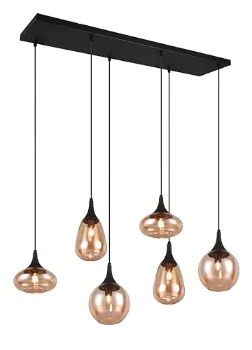 Trio Leuchten Pendelleuchte Lumina 317000613 - Elegante 6-flammige Pendelleuchte aus schwarzem Metall mit amberfarbenen Glasschirmen. Individuell höhenverstellbar bis 150 cm, ideal für stilvolle Wohnräume.