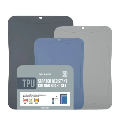 BLUE GINKGO TPU-Schneidematten [3er-Set] – Flexible, messerfreundliche und langlebige Küchen-Schneidebretter aus Korea (Dunkelgrau, Grau, Blau)