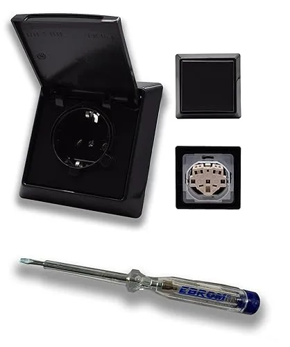 Busch Jäger Allwetter44 Komplett Set IP44 (spritzwassergeschützt) Klappsteckdose 20EUGK-35-101 anthrazit und 1-fach Rahmen inkl. EBROM Phasenprüfer zur Montage der Steckdose