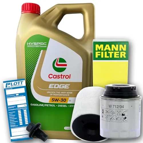 Ölwechsel Set Inspektion Servicekit 5L Castrol Edge Titanium FST LL 5W-30 Motoröl + MANN Ölfilter + MANN Luftfilter + Öl Ablassschraube Verschlussschraube
