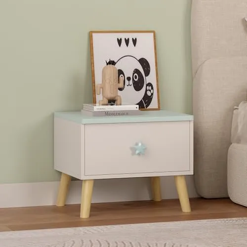 [en.casa] Nachttisch Kinder Sandnes - Vielseitige Nachtkommode in Weiß/Mintgrün - Nachtkästchen fürs Kinderzimmer mit liebevollem Design, flexibler Nutzung als Nachttisch oder Spieltisch und kindgerechter Schublade für einfachen Stauraum.