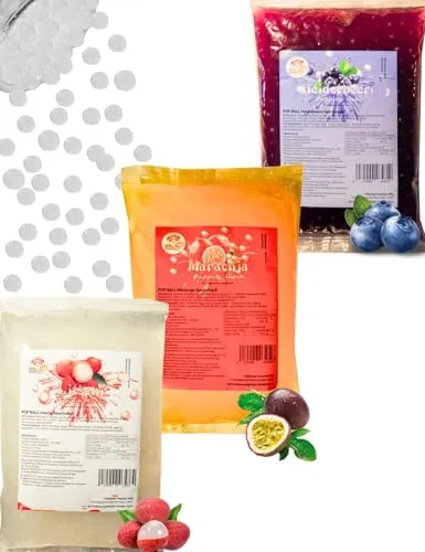 Bubble Tea Popping Boba Mix - 3 x 600g Heidelbeer+Maracuja+Litschi Boba Fruchtperlen - Natur&Vegan&Glutenfrei Boba Perlen - Bubble Tee Topping für DIY