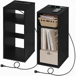 WOLTU Set aus 2 Nachttischen mit Steckdosen und USB-Anschlüssen, Schlanker Nachttisch für Schlafzimmer, Platzsparend mit 2 offenen Fächern, für Wohnzimmer, Kinderzimmer, Holz, 25x30x60cm, NTS06sz-2