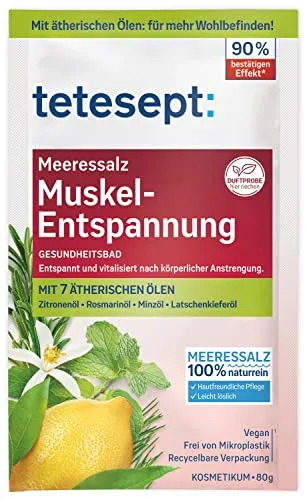 tetesept Meeressalz Muskel Entspannung Bad – Revitalisierendes Gesundheitsbad mit ätherischen Ölen – Entspannender Badezusatz mit natürlichem Meeressalz – 1 x 80 g