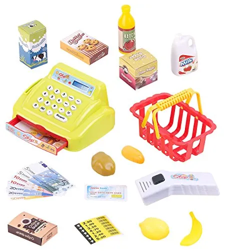 Playtastic Kaufmannsladen: 25-teiliges Kaufladen-Set für Kinder, Kassensystem, LED-Licht & Sound (Spielzeug-Kinderkaufladenset, Spielzeug-Kaufladensätze, Geschenkideen)