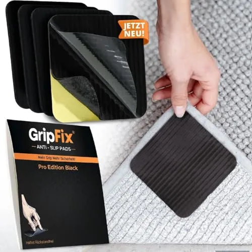 GripFix® Teppich Antirutschunterlage – STARKER Halt OHNE RÜCKSTÄNDE – MEHR Sicherheit IM Alltag – Waschbare & Wiederverwendbare Pads (4 Set, Schwarz)