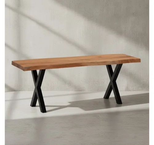 Kadima Design Sitzbank aus Akazienholz, modern und robust - Moderne Flurbank aus massivem Akazienholz mit einzigartiger Holzmaserung. Stabiler Stand durch X-förmige Metallbeine. Ideal für den Eingangsbereich, bietet Platz für bis zu zwei Personen. Handgefertigt und einzigartig.