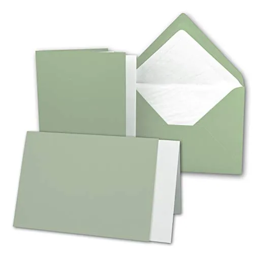 50x Karten-Set DIN B6 - 12 x 17 cm - 120 x 170 mm - Falt-Karten mit Brief-Umschlägen & Einlege-Blättern - Gerippte Struktur Oberfläche - Olive-Grün - Vintage Einladungskarten
