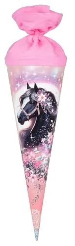 goldbuch 93 141 Geschwistertüte Luna, Schultüte mit Pferde-Motiv, Lackkarton, Geschenkverpackung mit rosanem Filzverschluss (ohne Verschlussband), Zuckertüte rund, Länge 35 cm, Ø 11,5 cm, Rosa