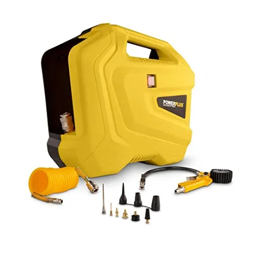 Powerplus POWX1706 Kompressor - 1100 W mit 11 Zubehörteilen - Vielseitiger Kompressor für das Aufblasen von Luftmatratzen, Bällen und Reifen bis 8 bar, kompakte Maße 443 mm x 120 mm x 326 mm.
