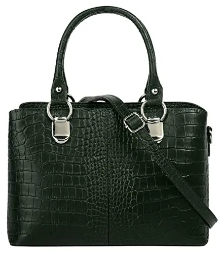 Umhängetasche CLUTY - Damen, Dunkelgrün, Echt Leder, Made in Italy - Elegante Handtasche aus echtem Leder mit trendiger Kroko-Optik. Ideal für jeden Anlass, bietet sie ein 2-geteiltes Hauptfach und vielseitige Tragevarianten.
