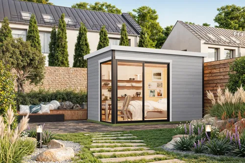 Gartenhaus Blockhaus Pultdach 44 mm Austin 2 grau - Gartenhaus mit 44 mm Wandstärke, abschließbar und ideal für die Aufbewahrung von Gartenmöbeln oder Werkzeug. Robuste Holzbauweise und isolierverglaste Fenster sorgen für Langlebigkeit und Sicherheit.