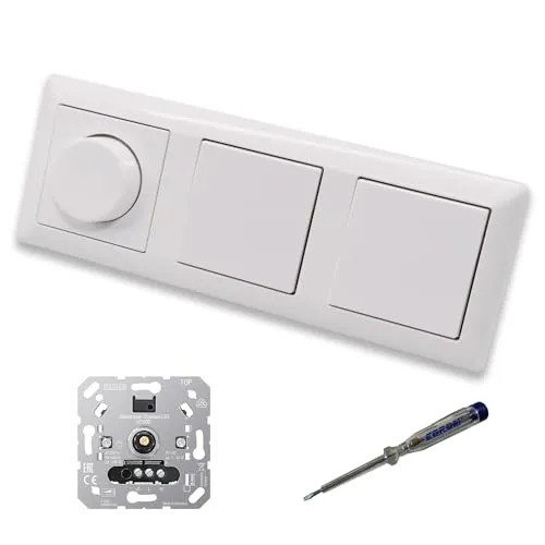 EBROM SET IDEE: JUNG 1730DD LED Drehdimmer Dimmer + Dimmerscheibe A1740WW und 2 x Lichttaster 531U in alpinweiß glänzend inklusive EBROM Phasenprüfer zur Montage der Geräte u.A. 1730 DD