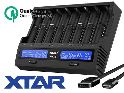 XTAR VC8 Ladegerät für 8 x Li-Ion und NiMH Akkus - Ladegeräte für Haushaltsbatterien mit LCD-Display, reaktiviert tiefentladene Zellen und bietet dreistufige Lademethode für optimale Sicherheit und Komfort.