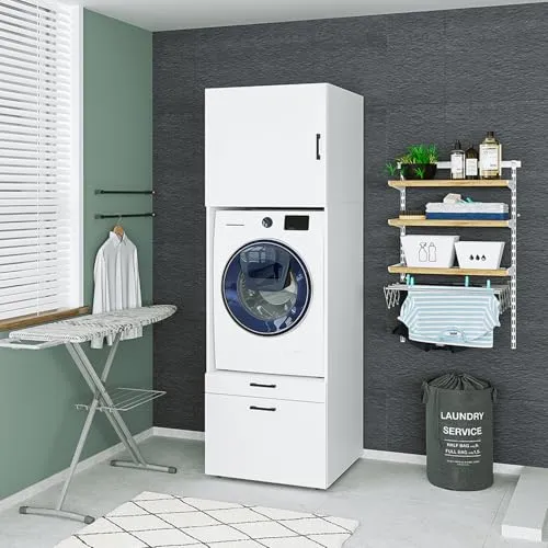 ROOMART Waschmaschinenschrank mit Schublade & Ausziehbrett – Weiß, Schwarz Eiche