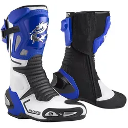 Arlen Ness Sugello Motorradstiefel, schwarz-weiss-blau, Größe 48 - Hochwertige Motorradstiefel aus 1,6-1,8 mm Leder mit PU-Beschichtung, ausgestattet mit austauschbaren Magnesium-Slidern für mehr Sicherheit und einem atmungsaktiven Air Mesh-Futter für optimalen Tragekomfort.