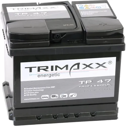 TRIMAXX Autobatterie 47Ah 12V 450A/EN mehr Startkraft Starterbatterie ersetzt 44Ah 45Ah 46Ah 47Ah 50Ah 40Ah, PKW