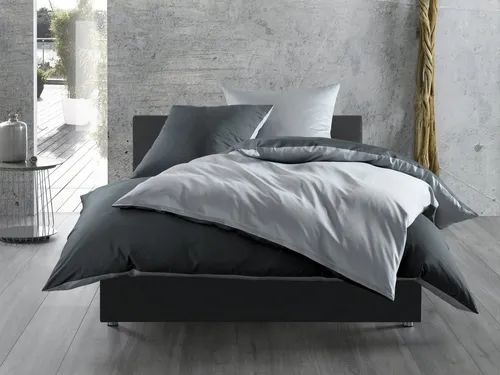 Bettwäsche mit Stil Mako Satin Baumwollsatin Wende Bettwäsche Garnitur – Grau/Anthrazit, 200x220 cm - Hochwertige Bettwäsche aus 100% Mako Satin Baumwolle, mercerisiert und supergekämmt. Mit verdecktem YKK-Reißverschluss und nahtlosem Design für eine elegante Optik. Nach Oeko-Tex Standard 100 zertifiziert.